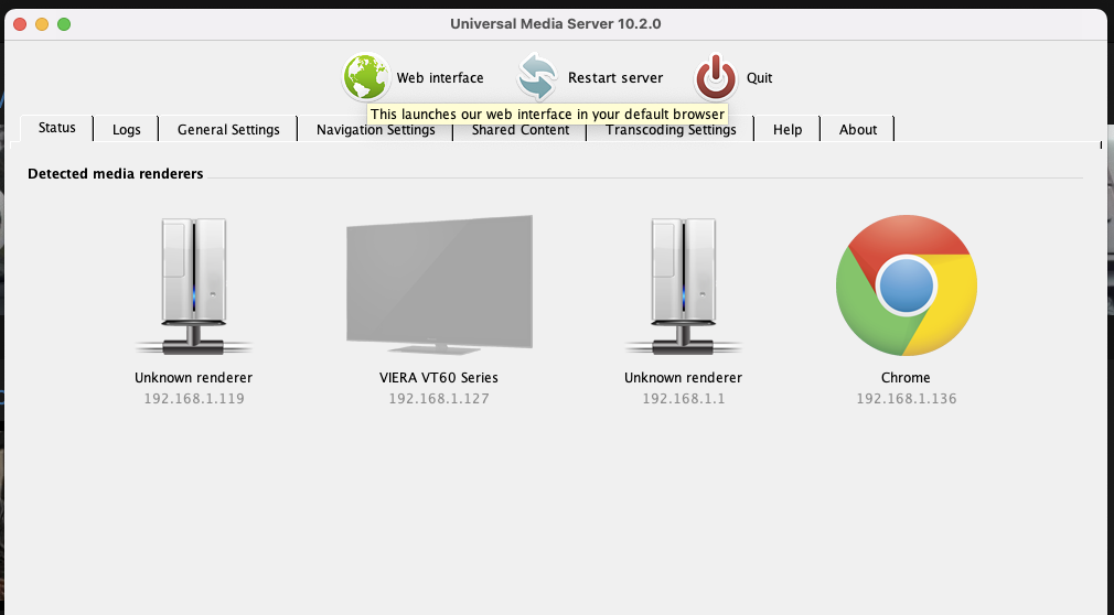 Abra a interface web.